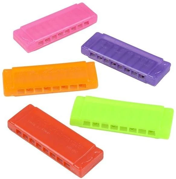 mini plastic harmonicas in pink orange purple neon green and red