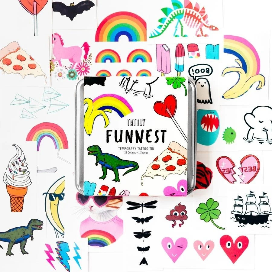 silver tin surrounded by whimsical temporary tattoos like hearts and rainbows